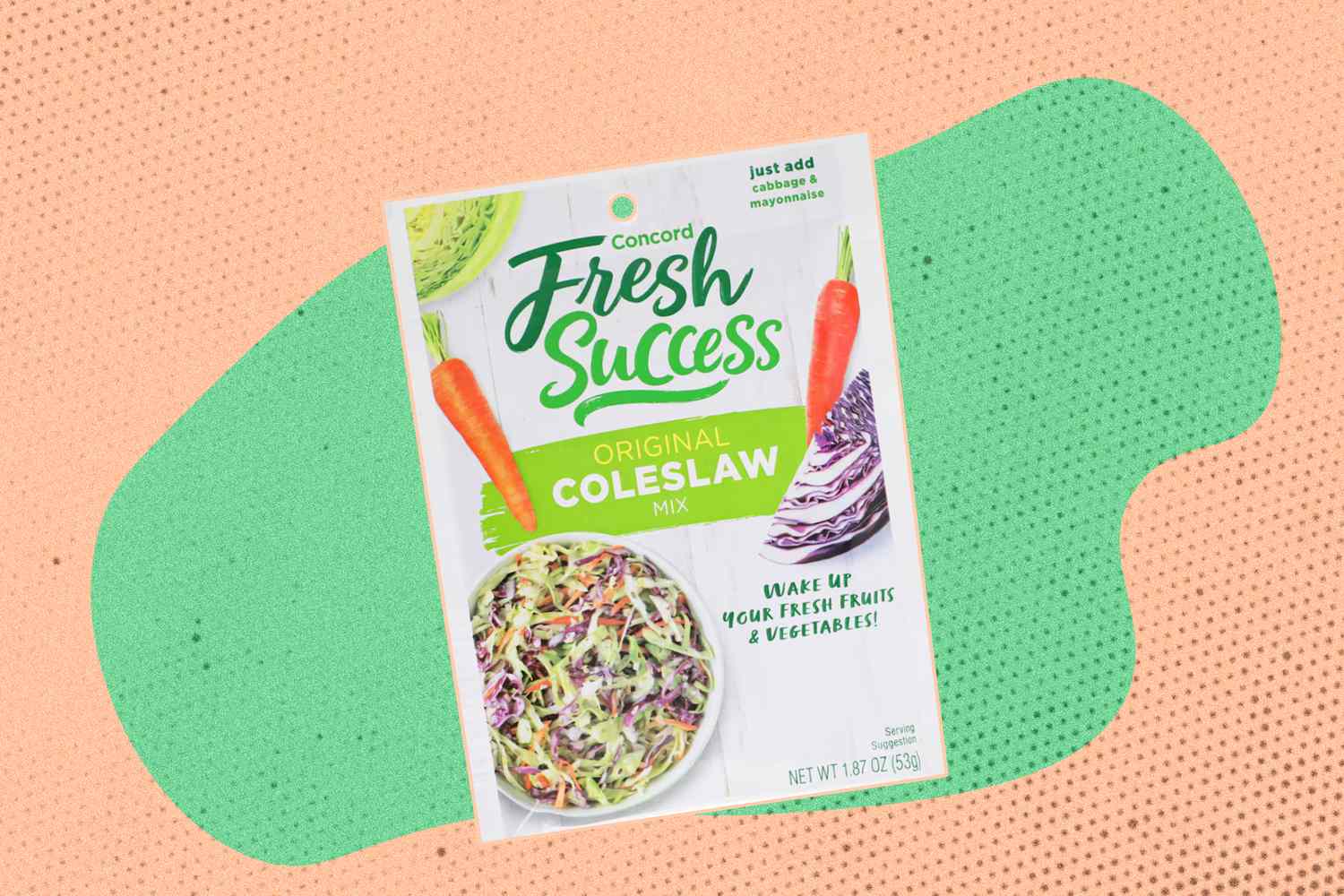 A Fresh Success brand coleslaw seasoning bag on an illustrated background