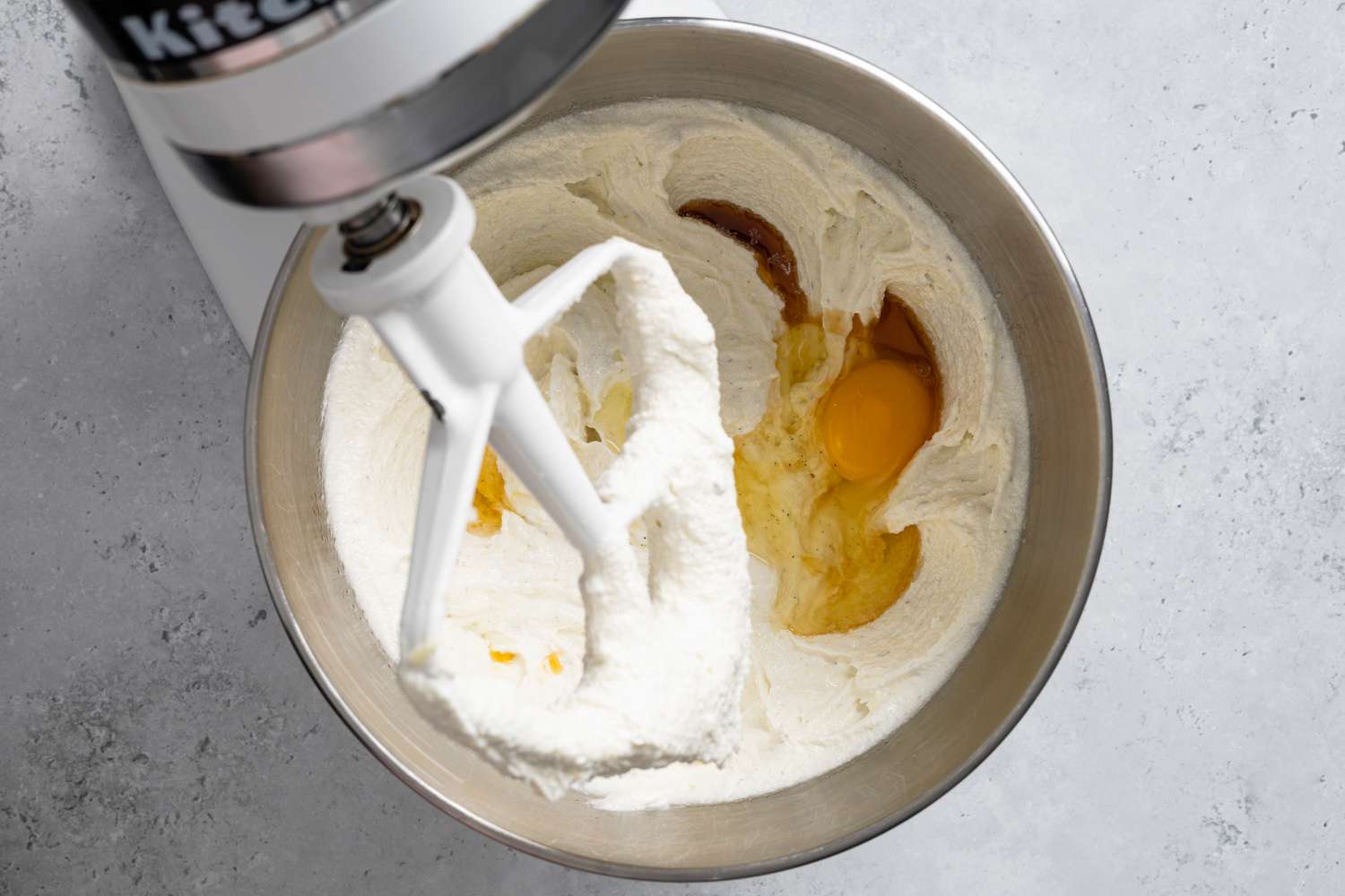 Eggs and Whipped Butter in Mixer with Paddle Attachment for Lemon Lavender Cake