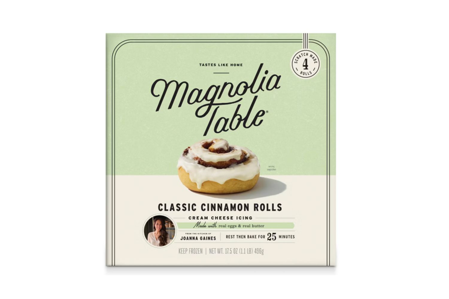 Packaging of Magnolia Table Classic Cinnamon Rolls with cream cheese icing featuring chef Joanna Gaines