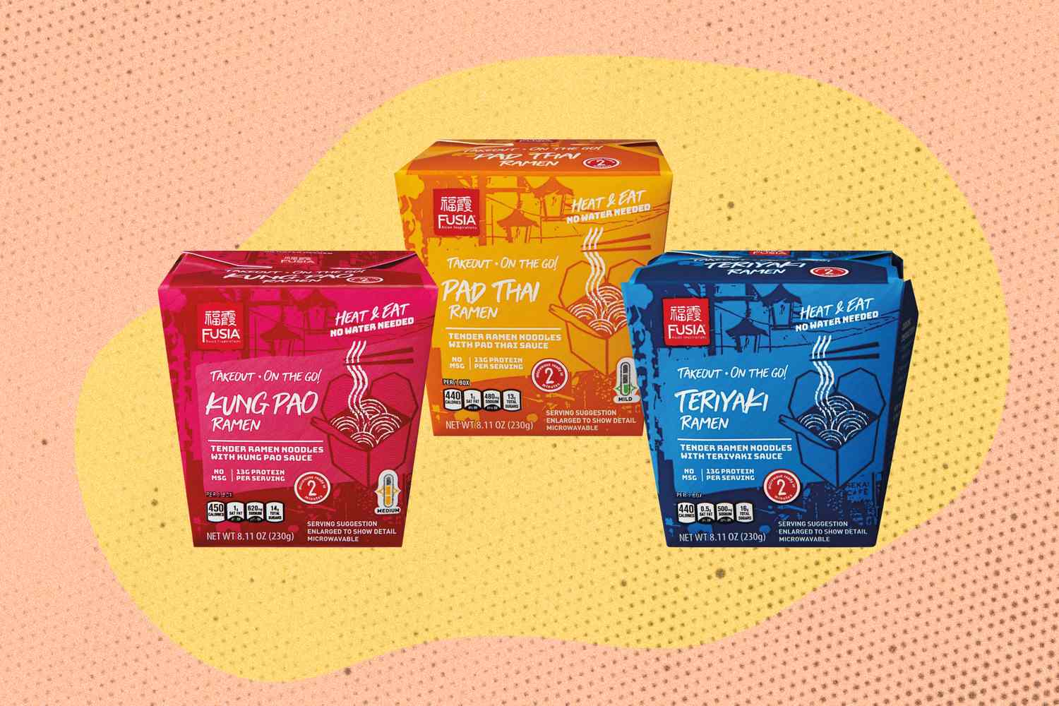 Three packaged ramen varieties labeled Kung Pao Pad Thai and Teriyaki from the Fusia Asian brand displayed on a stylized background