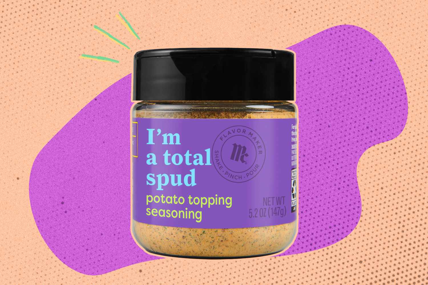 Jar of McCormick's I'm a total spud potato topping seasoning on an orange and purple speckled background
