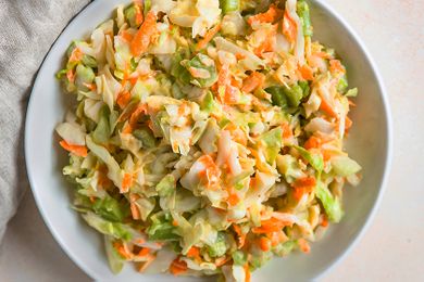 Coleslaw in a white bowl