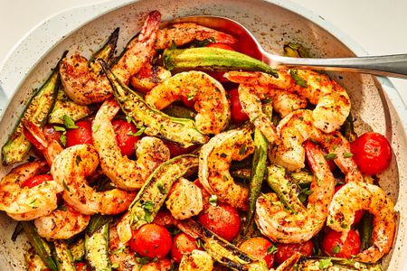 pan-roasted shrimp and okra in a pan