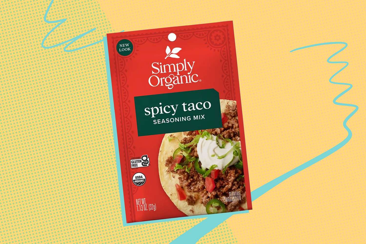 Simply Organic Spicy Taco seasoning mix packet with a taco image on the packaging