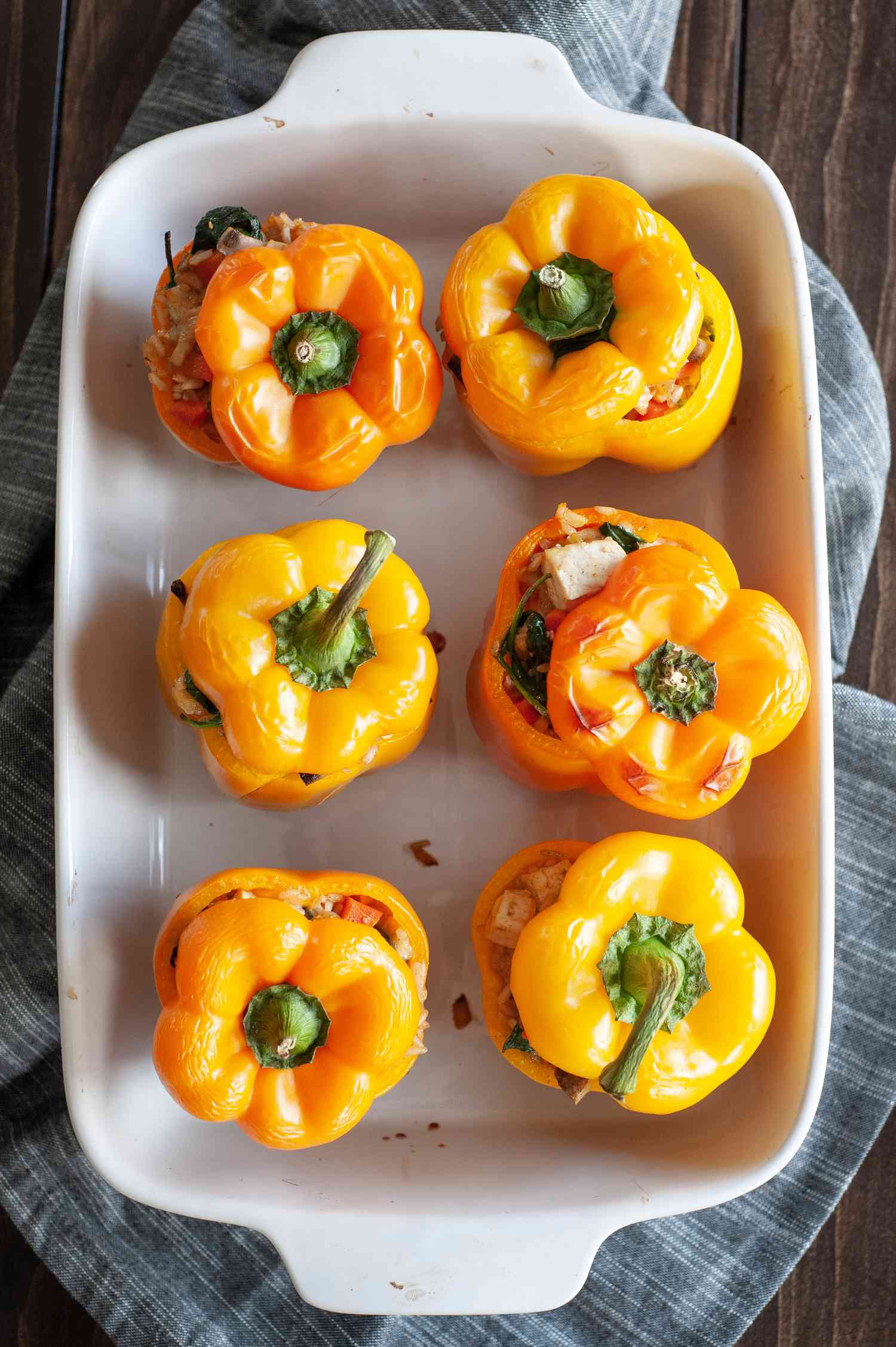 Vegetarian Stuffed Peppers in casserole dish