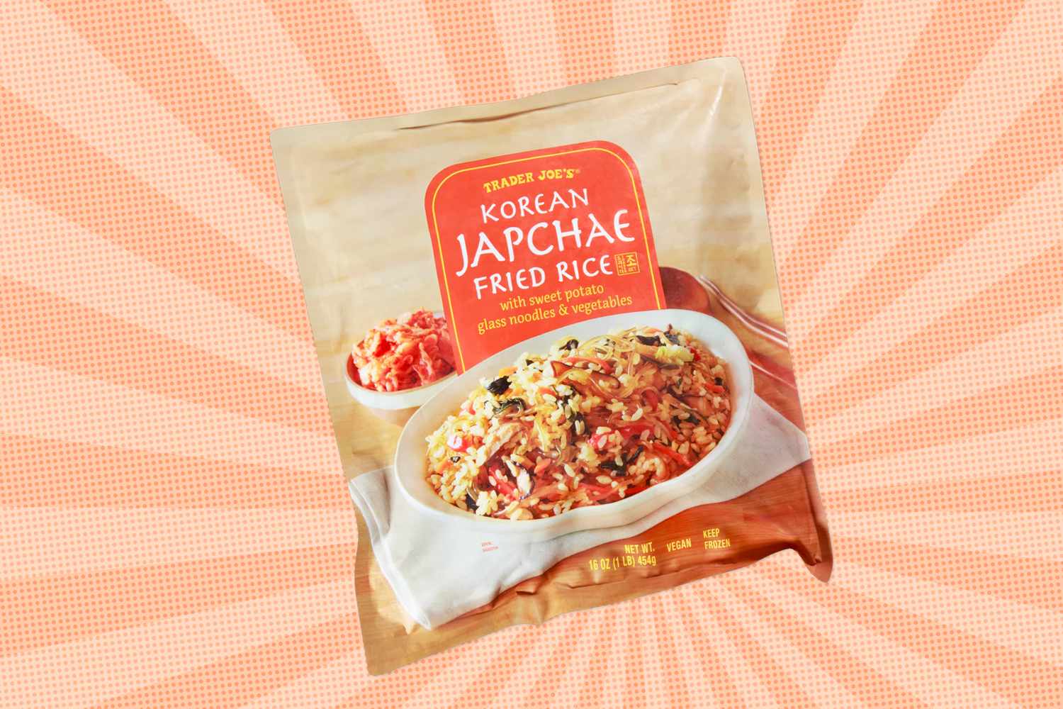 A package of Korean Japchae Fried Rice from Trader Joes on a patterned background