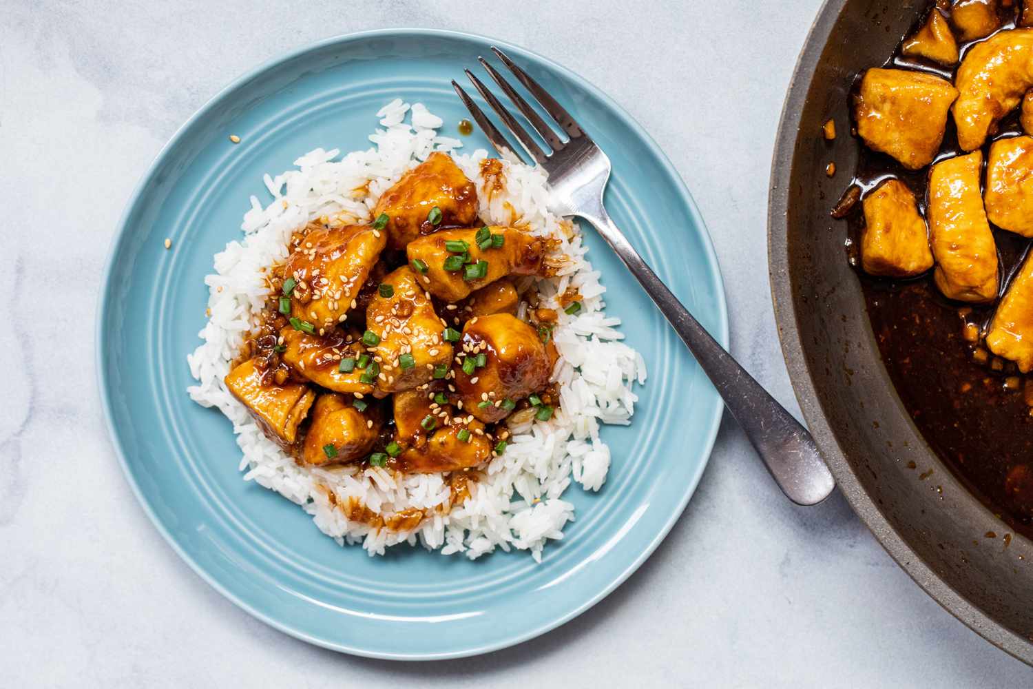 Overhead view of The BEST Bourbon Chicken Recipe served over rice.