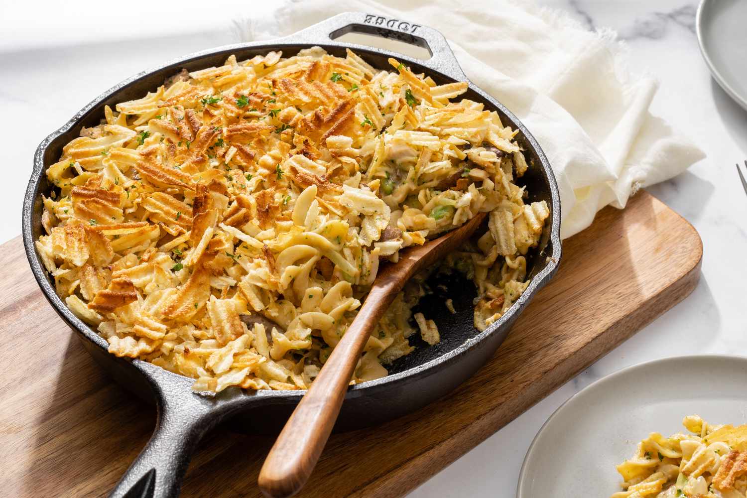 Classic Tuna Noodle Casserole in cast iron skillet