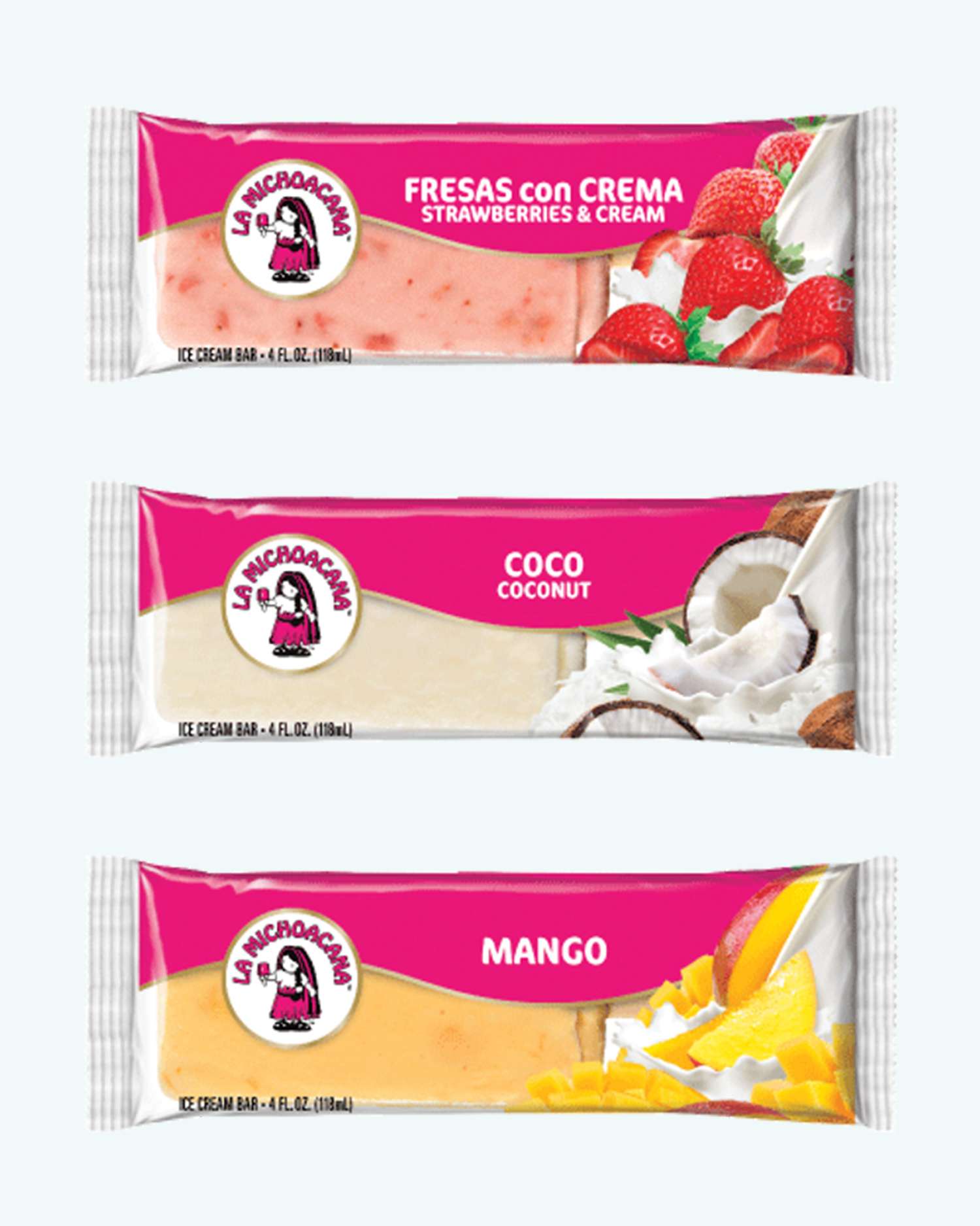Three ice cream bars in different flavors strawberries and cream coconut and mango with the brand logo visible on each package