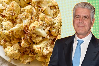 Anthony Bourdain Headshot and roasted cauliflower