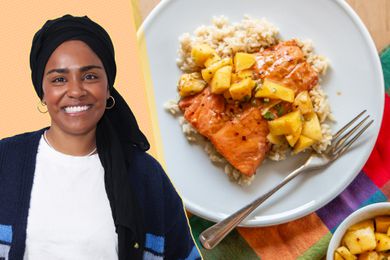 Nadiya Hussain next to a plate of salmon with fruit on rice