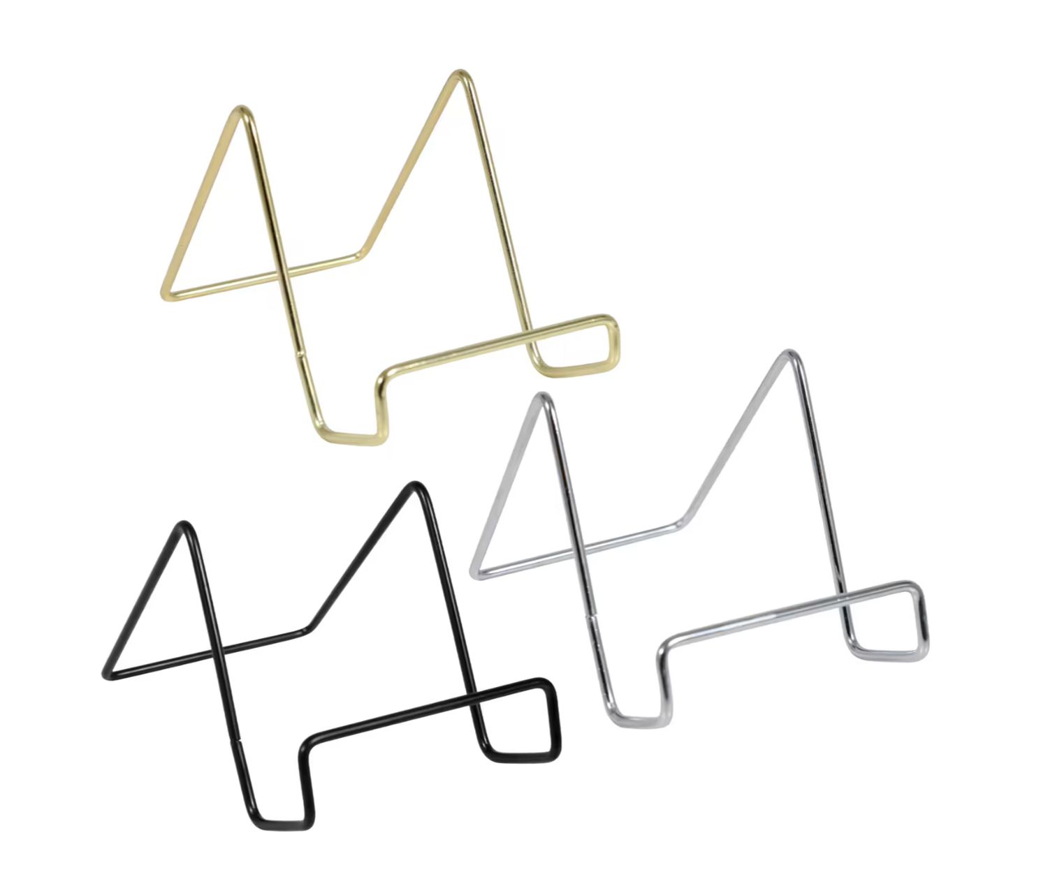 Three metal display easels in gold black and silver