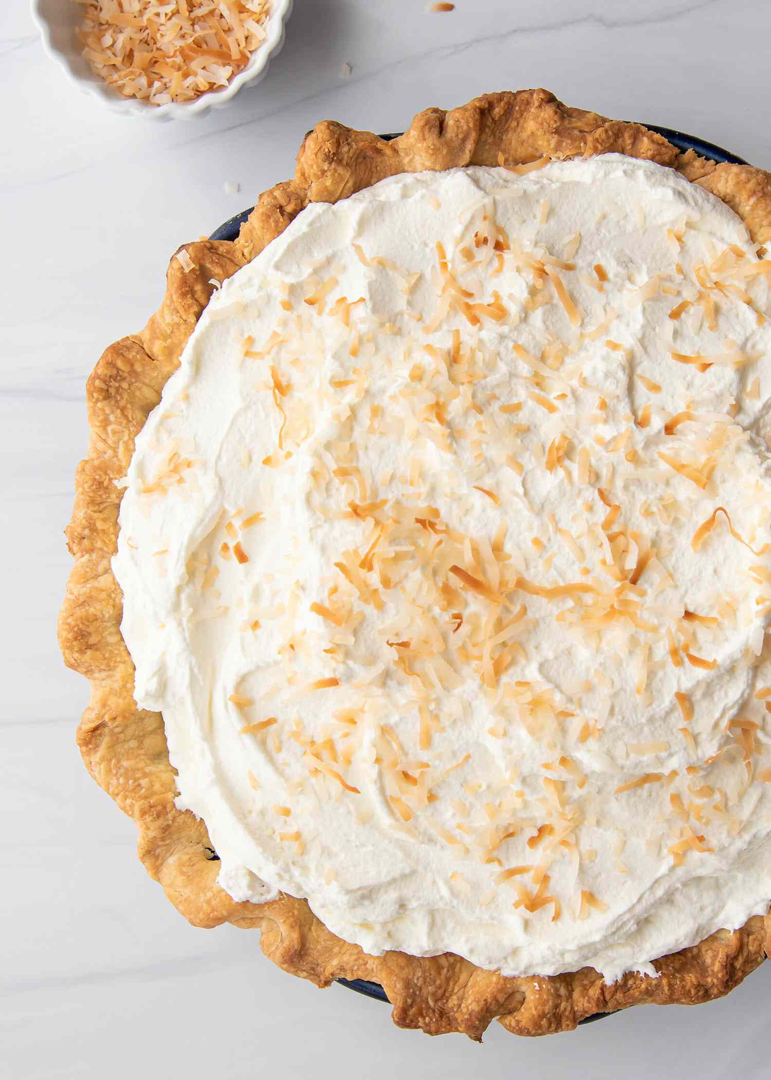 Overhead view of easy coconut cream pie.