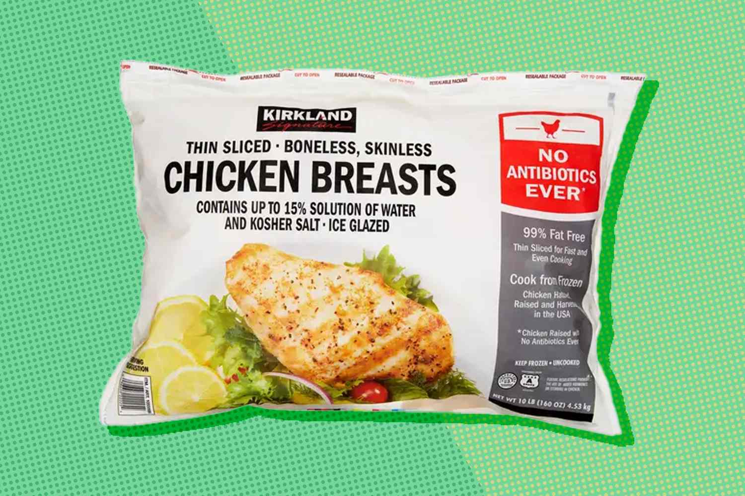 Kirkland brand package of frozen chicken breasts labeled with details about the product
