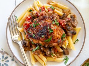 chicken marengo served over pasta 