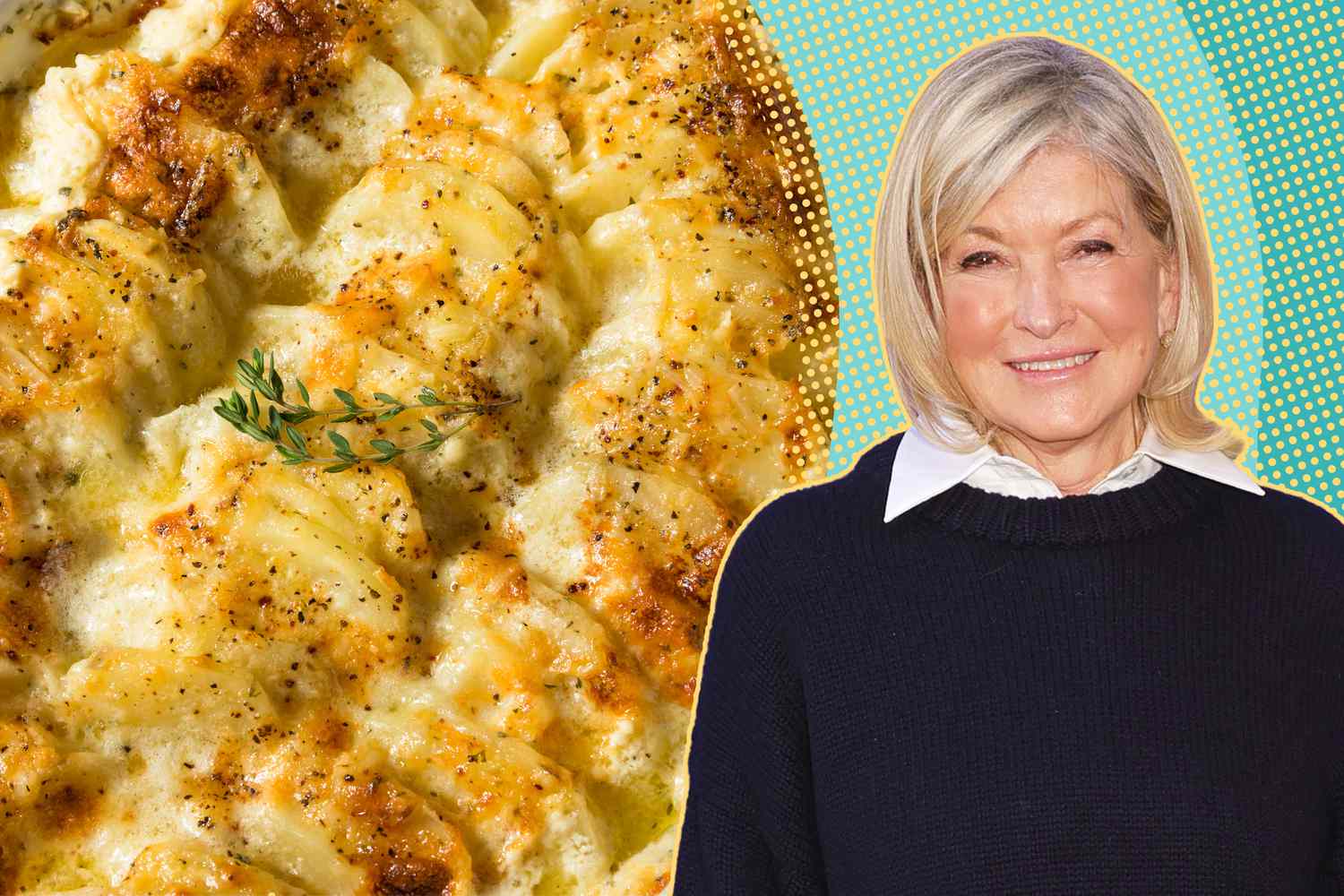 Martha Stewart cut out on a blue and yellow background next to a photo of potato casserole