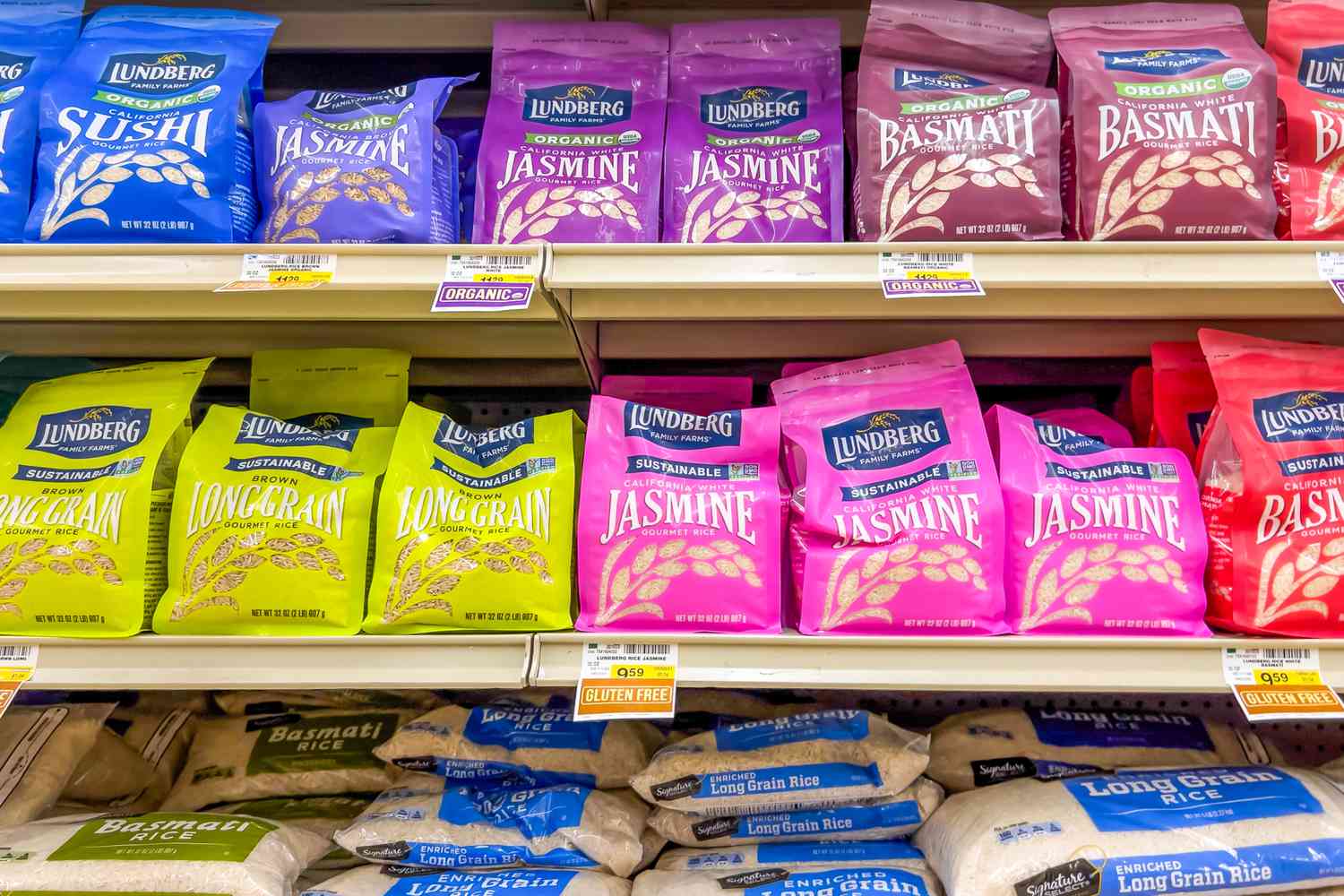 Bags of rice on a store shelf