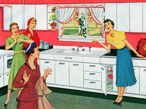Four women in a vintagestyle kitchen one gesturing with a surprised expression others reacting similarly