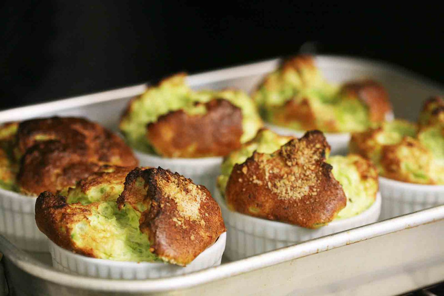 asparagus souffle in a water bath in oven