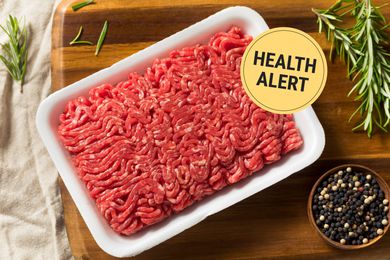 Package of raw ground beef with text overlay "Health Alert"