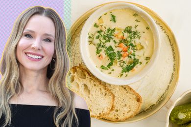 Kristen Bell next to a bowl of soup with bread slices on a plate