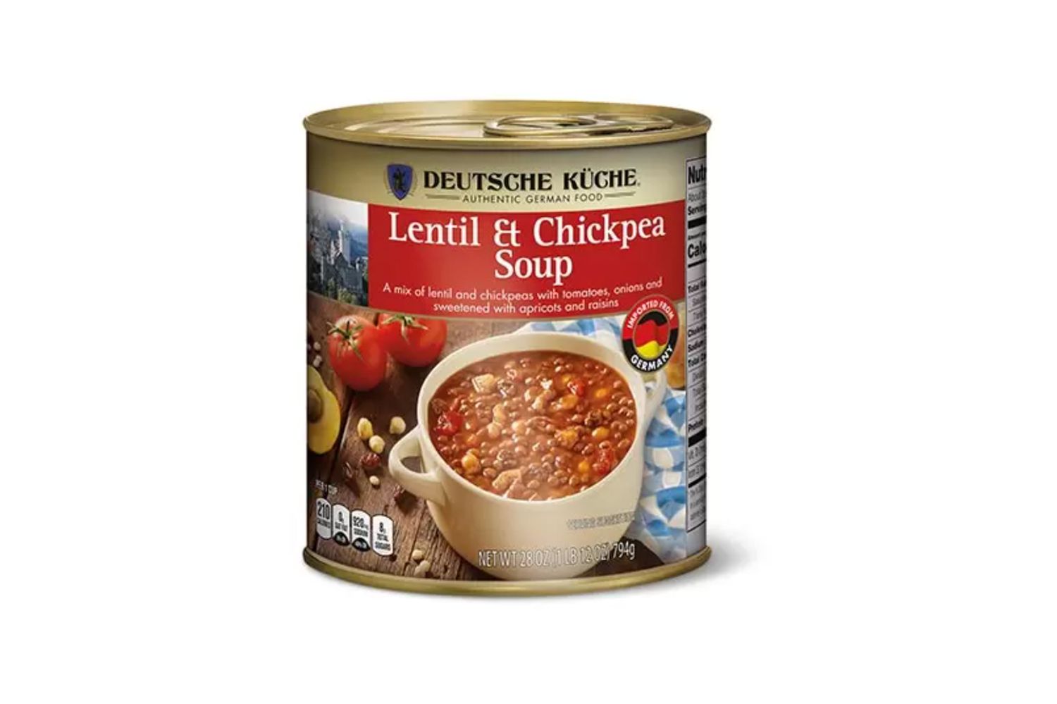 A Deutsche Küche brand can of Lentil & Chickpea Soup