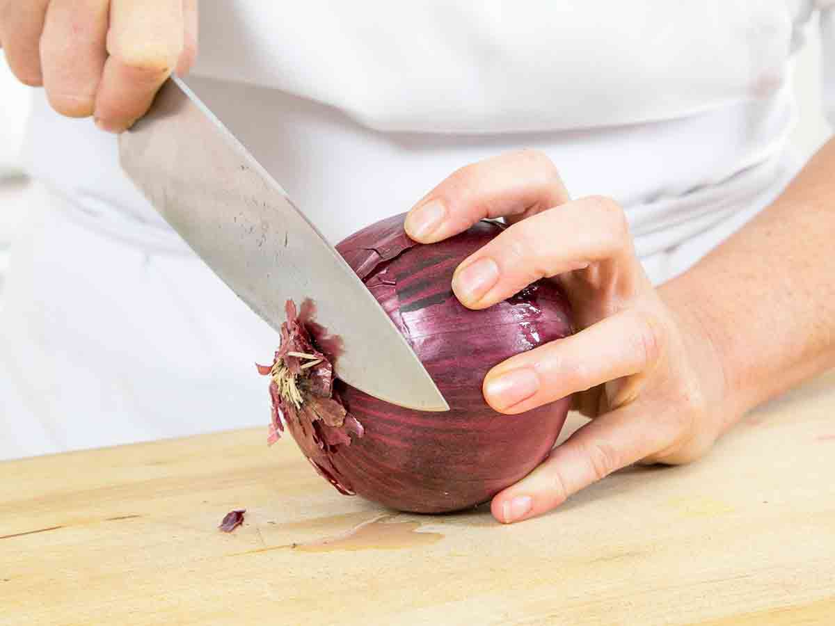 cut the root end off of the onion