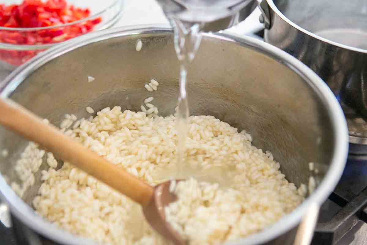 add water to risotto in pot