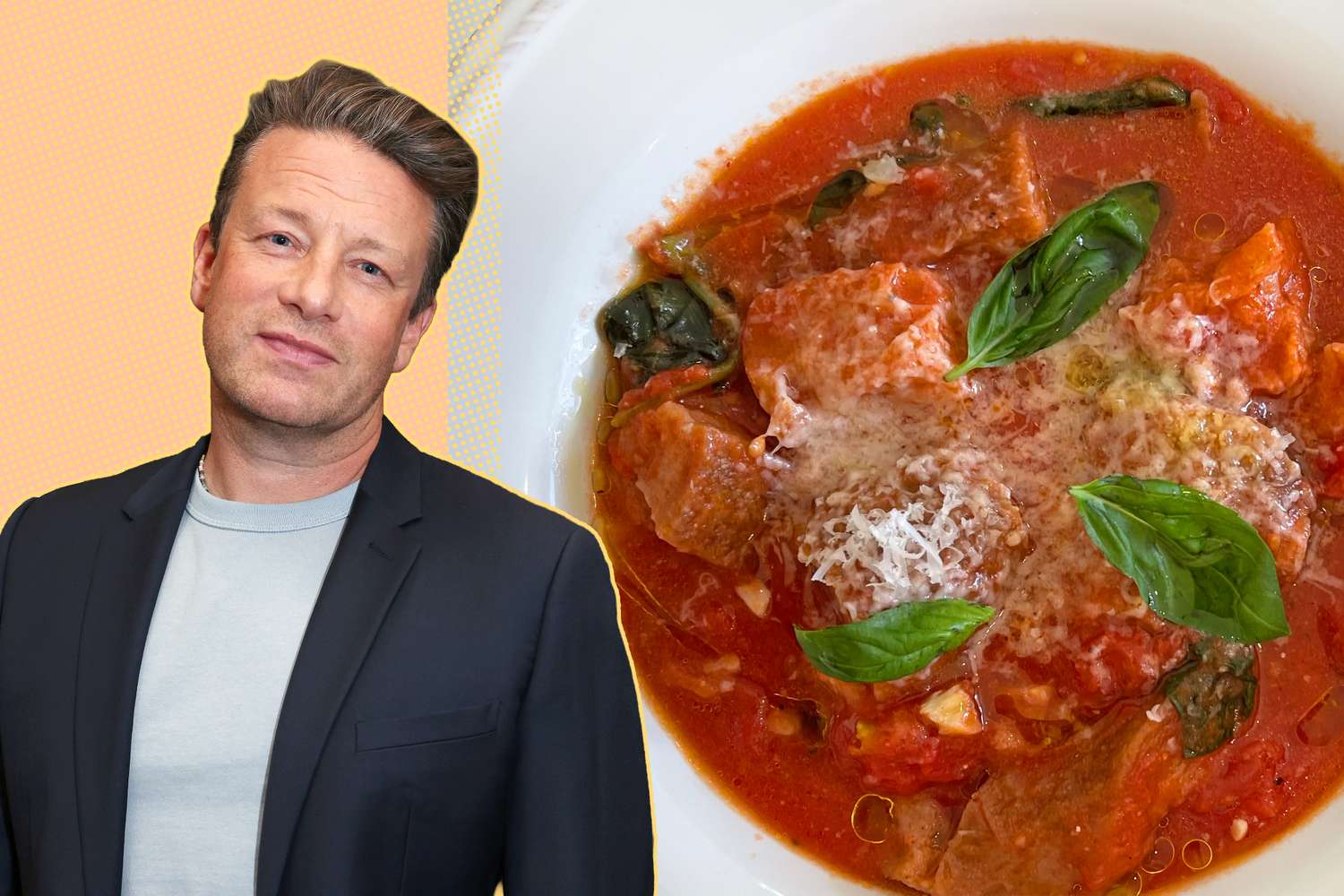 Jamie Oliver alongside a bowl of tomatobased soup with basil garnish
