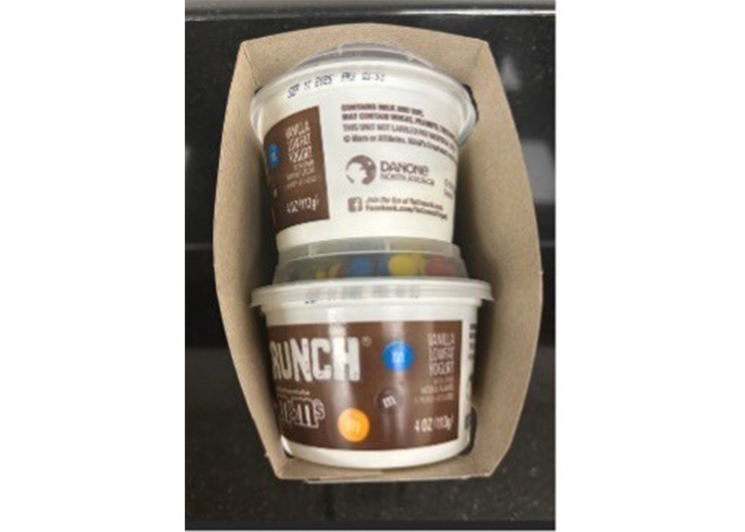Two YoCrunch yogurt containers stacked in a cardboard holder