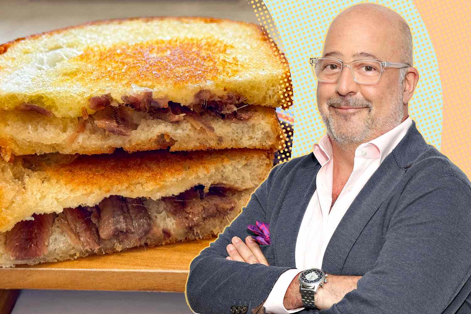 Andrew Zimmern cut out next to a photo of his anchovy sandwich