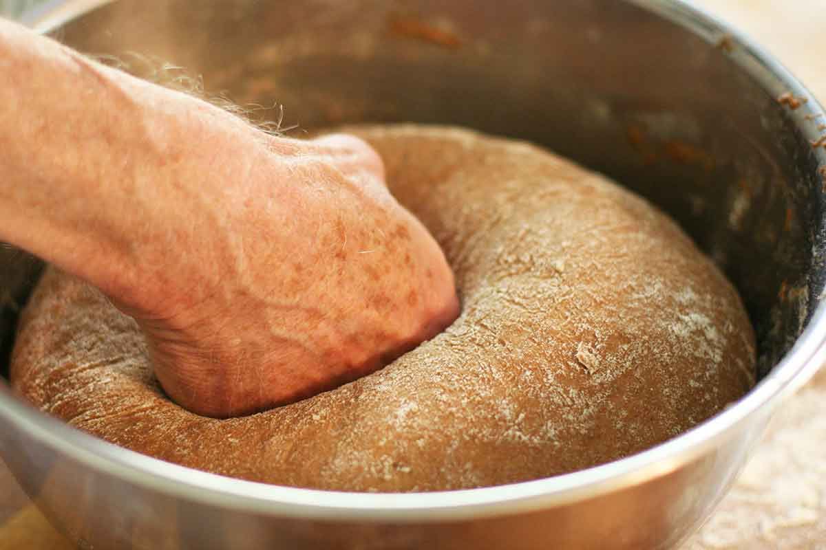 Fist punching down rye bread dough in a metal bowl
