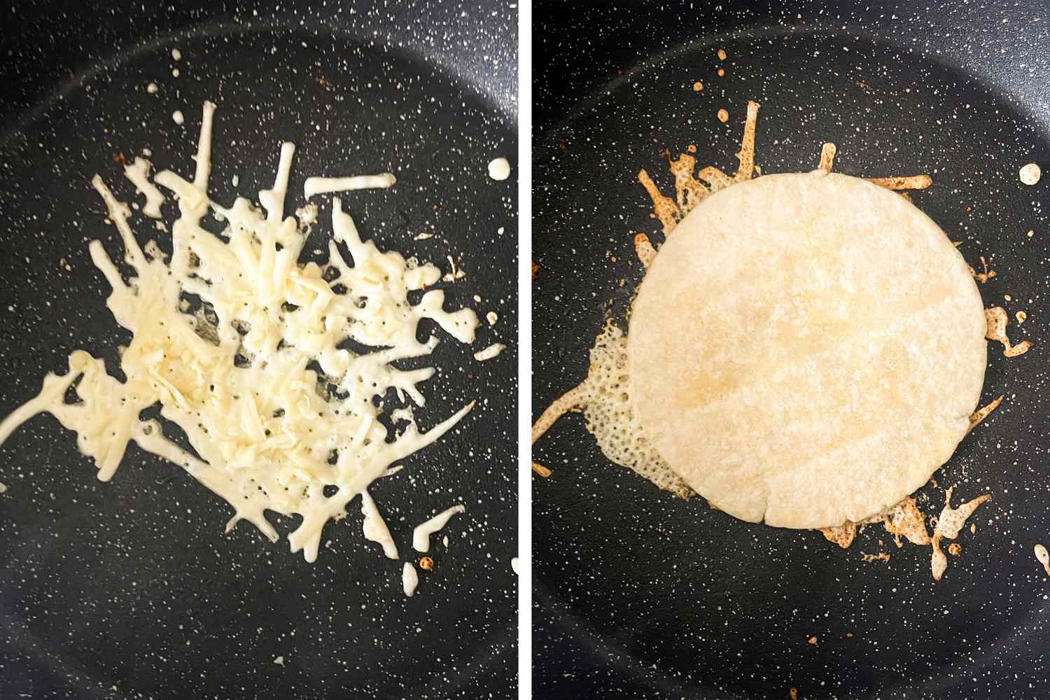 Two images showing cheese melting in a skillet and a tortilla placed over the melted cheese