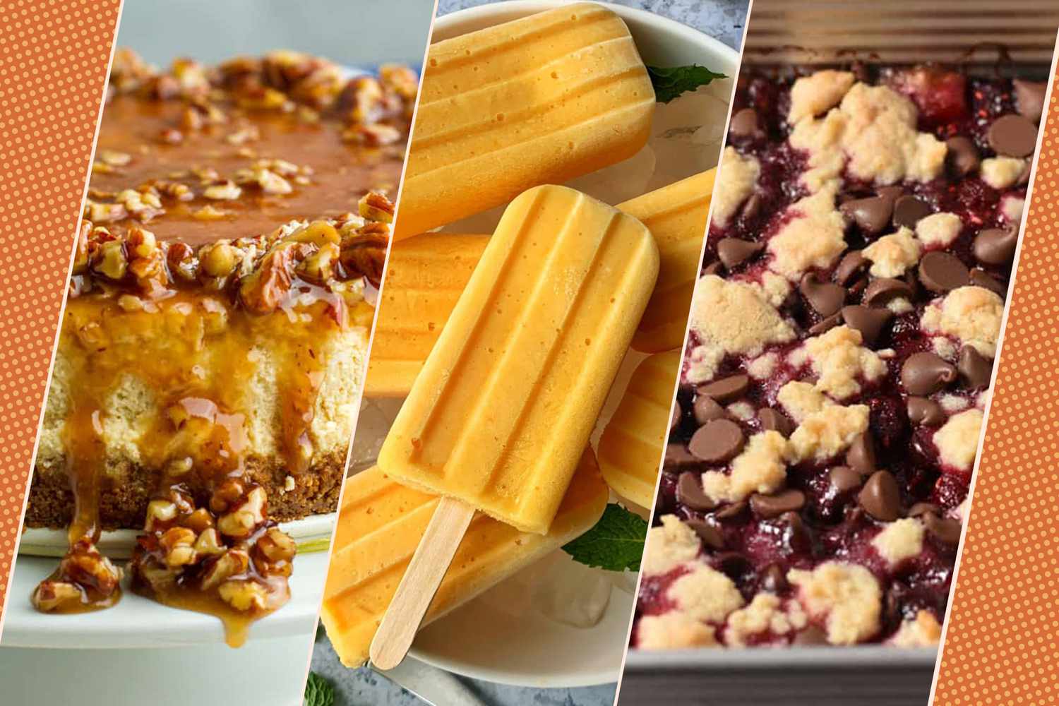 Three desserts on a graphic design background