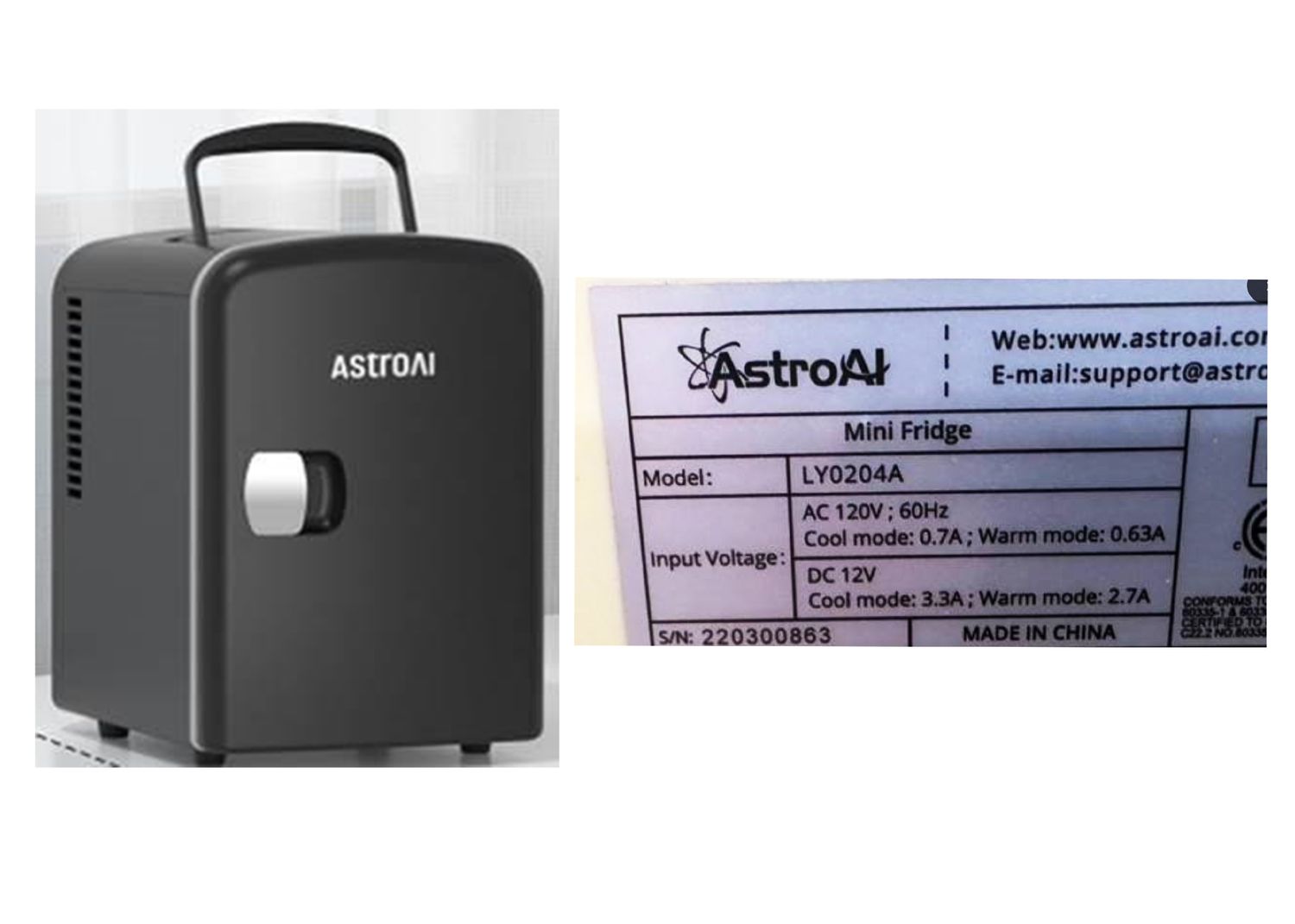 A small portable mini fridge and a close-up of its specifications label