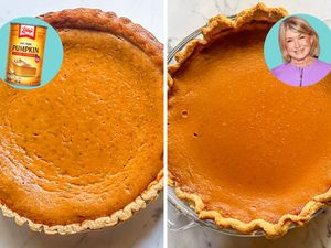 Sidebyside comparison of pumpkin pies one with Martha Stewarts portrait above it