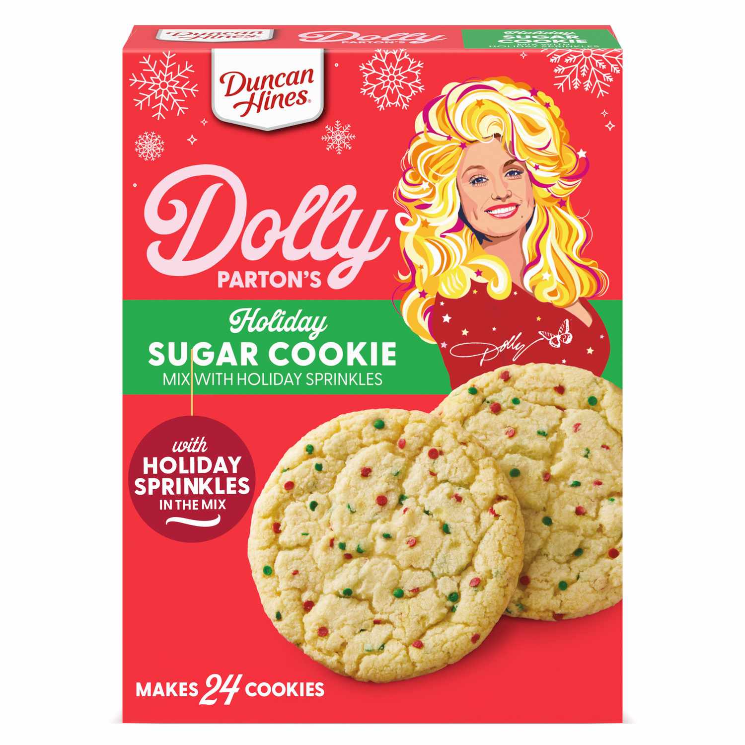 A box of Duncan Hines Dolly Partons Holiday Sugar Cookie mix with sprinkles featuring a festive design and cookies pictured on it