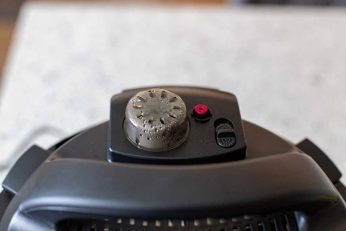 Close up view of the instant pot venting knob for easy instant pot chicken tortilla soup.