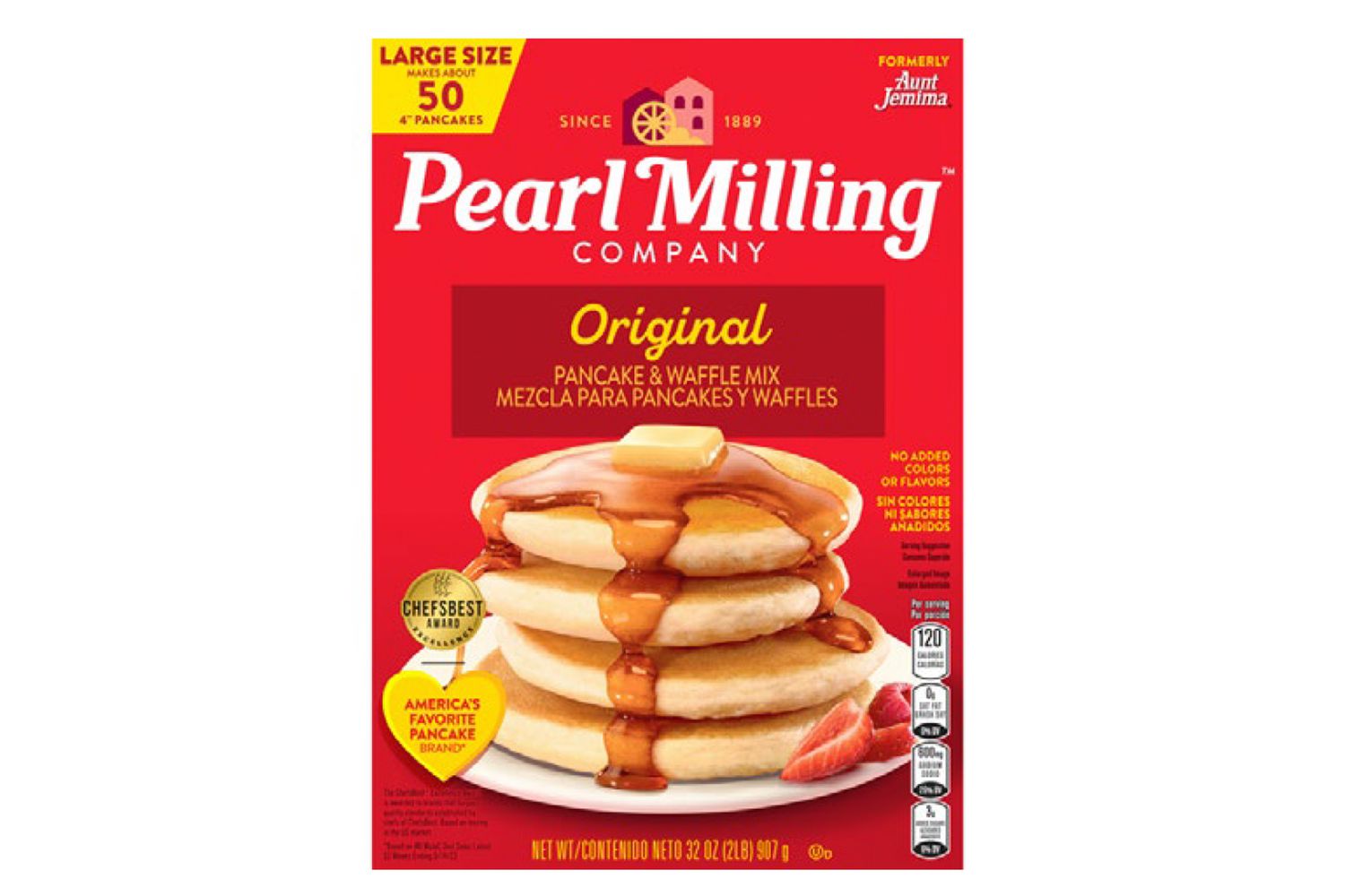 A red box of Pearl Milling Company Original Pancake and Waffle Mix showing a stack of pancakes with a pat of butter on top and syrup running down the sides