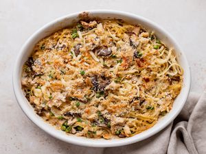 Old fashioned turkey tetrazzini recipe in a casserole dish.