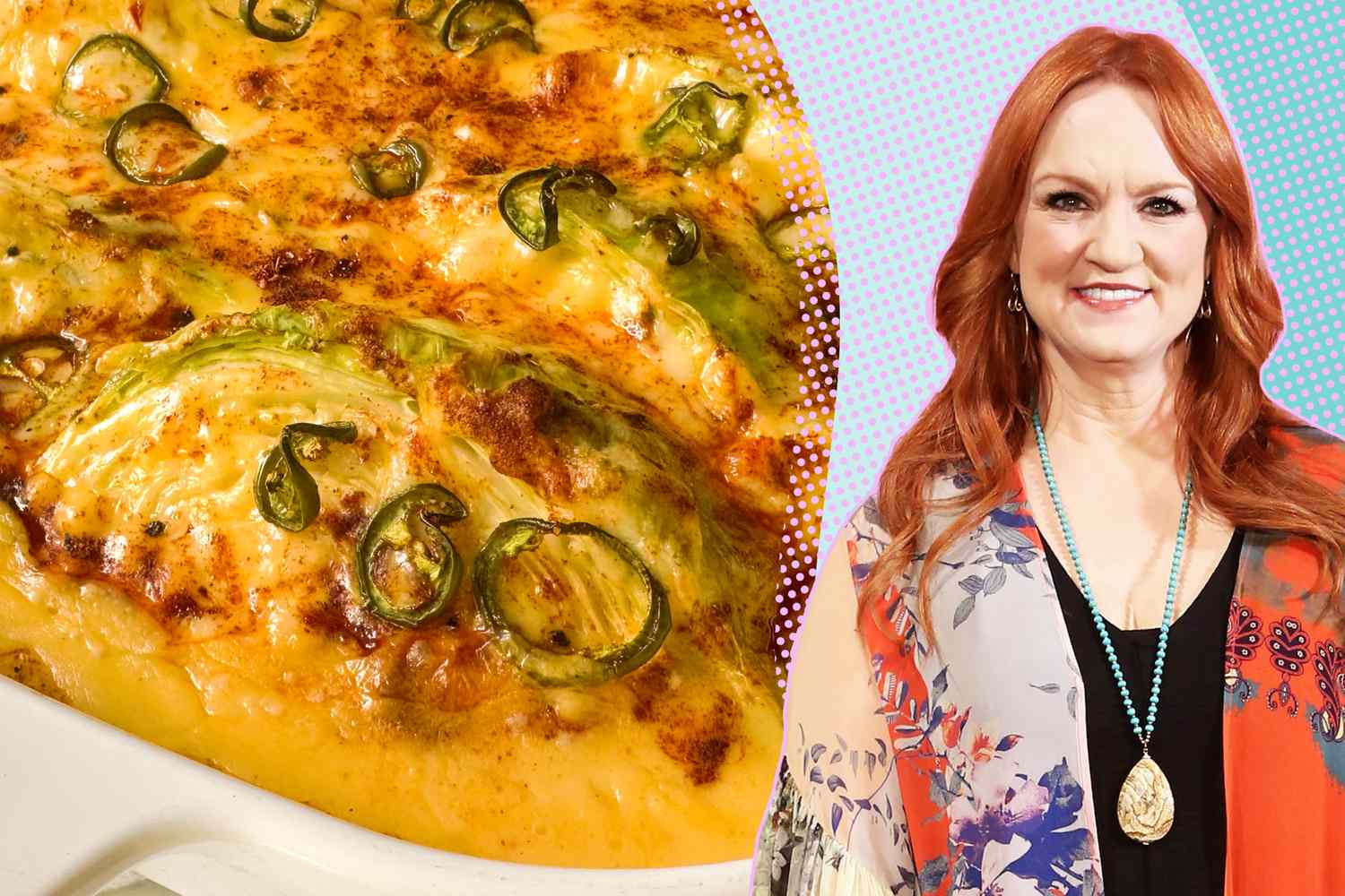 A split image of Ree Drummond and a baked creamy cabbage dish styled together