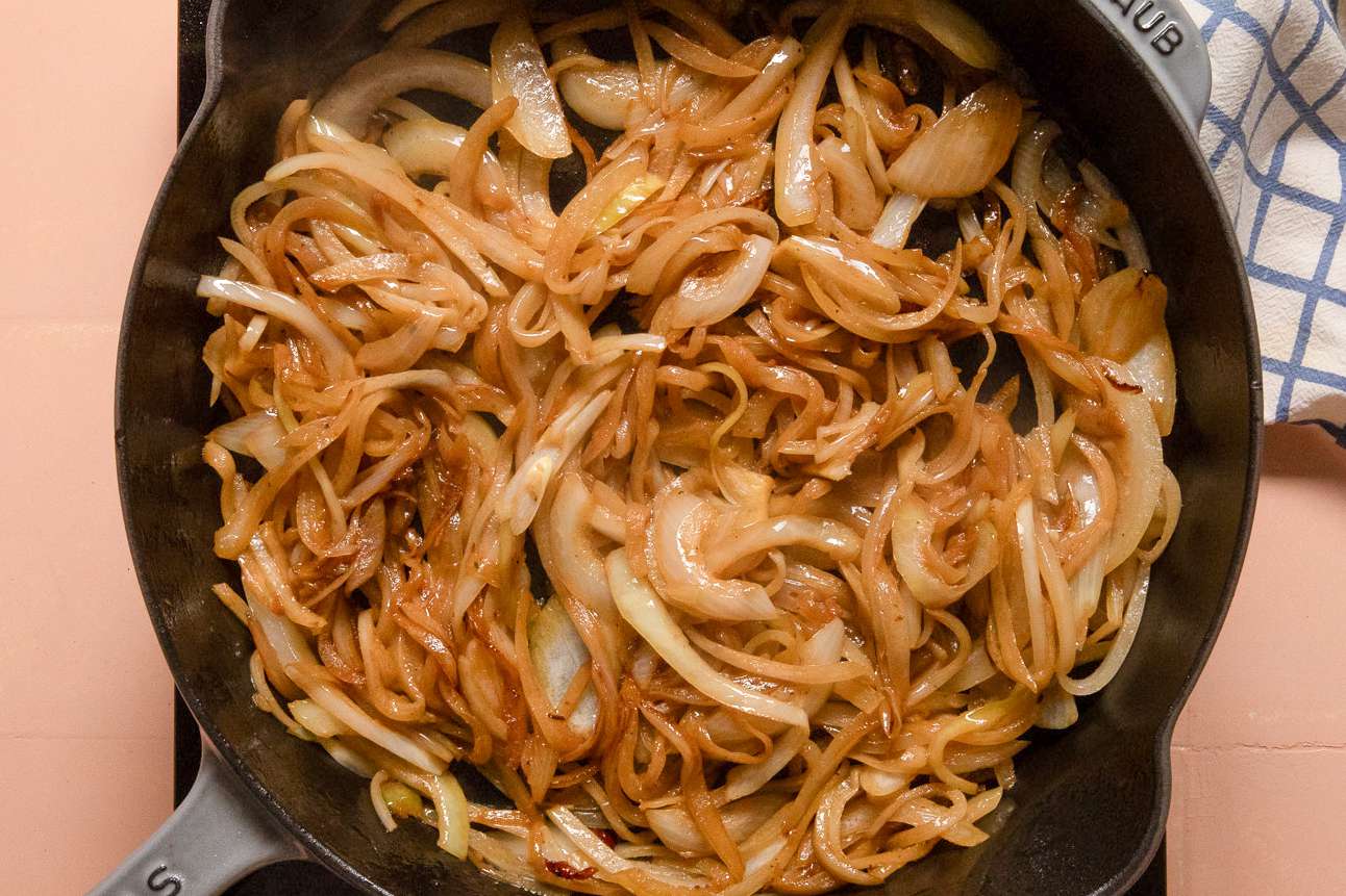 caramelized onions in a skillet for french onion chicken recipe