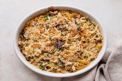 Old fashioned turkey tetrazzini recipe in a casserole dish.