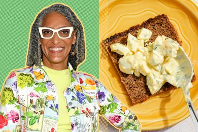 Photo of Carla Hall alongside image of egg salad on toast