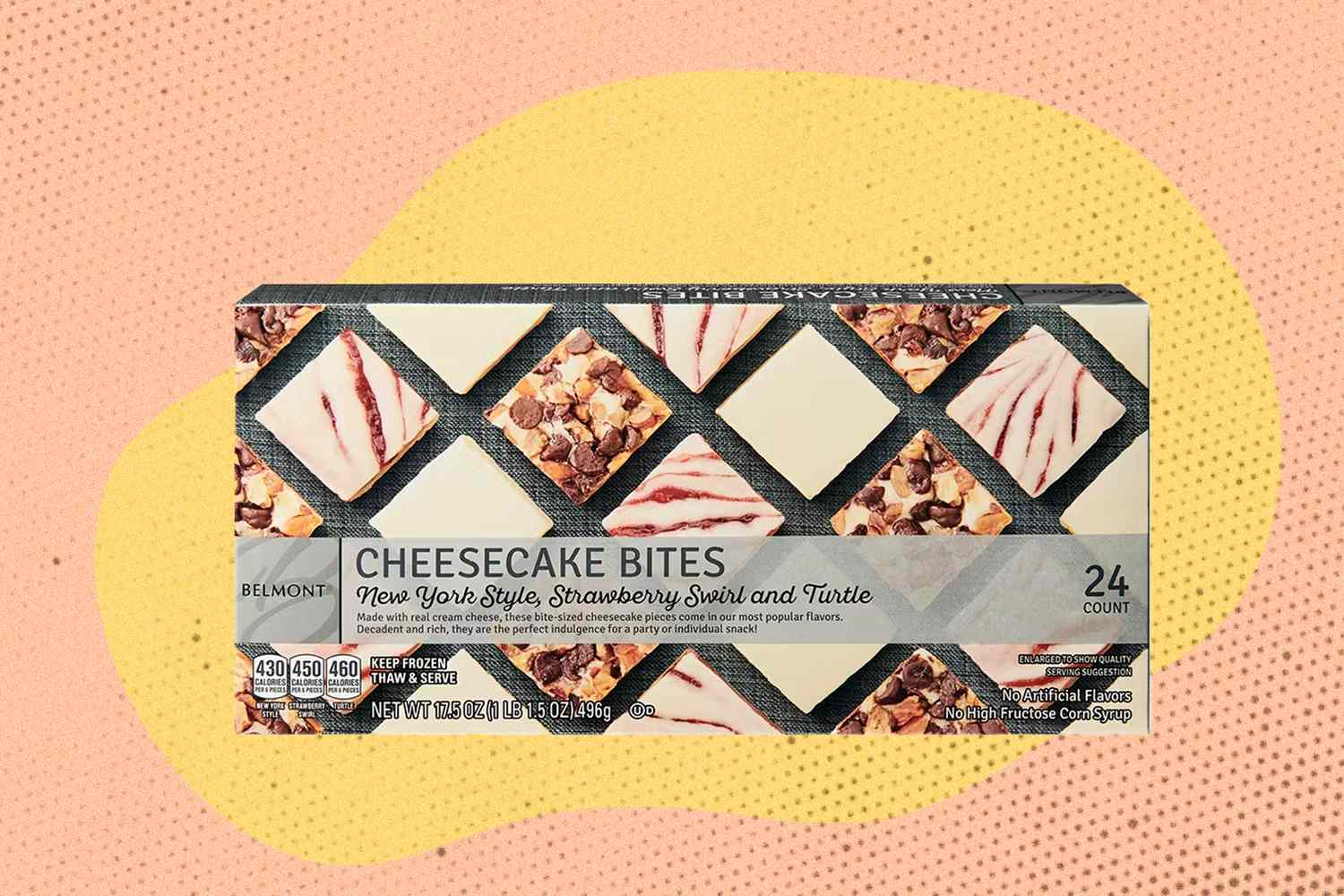 Box of cheesecake bites in a grid pattern on a textured background