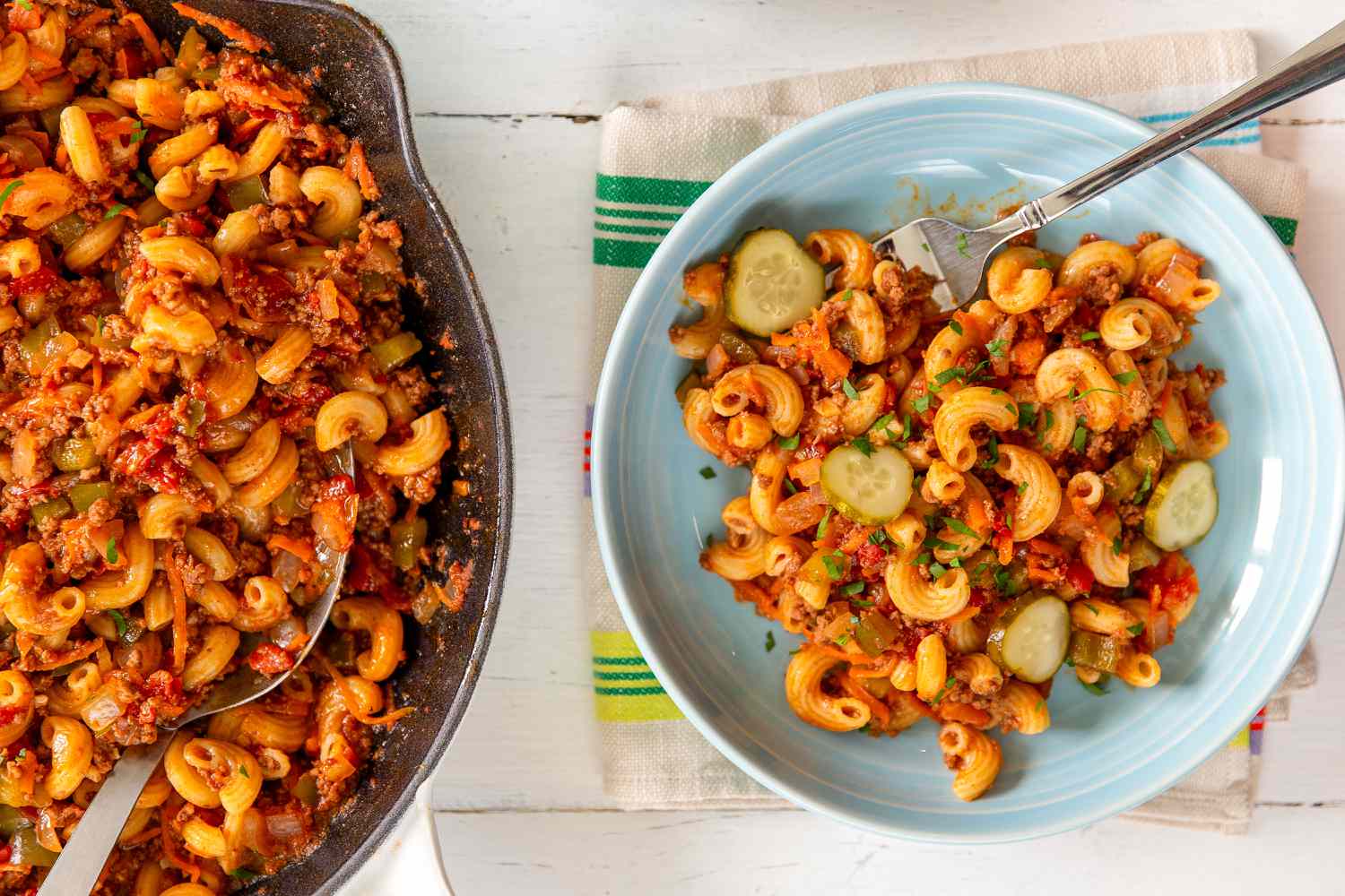 Sloppy Joe Skillet Dinner in a pan and a serving on a plate