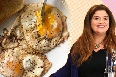 A split image of Alex Guarnaschelli and a plate with fried eggs and a slice of bread