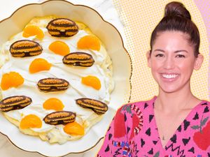 A split image of Molly Yeh's cookie salad in a large serving bowl and a headshot of Molly Yeh