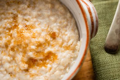 Oatmeal with brown sugar in a brown bowl