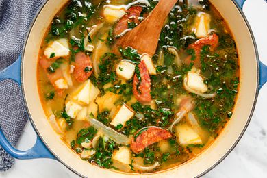 large pot of Caldo Verde (Portuguese Kale Soup)